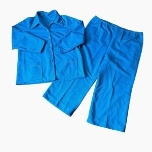 Vintage 70s Ladies Blue White Stitching Pink Button Pant & Jacket Suit Size 2X‎